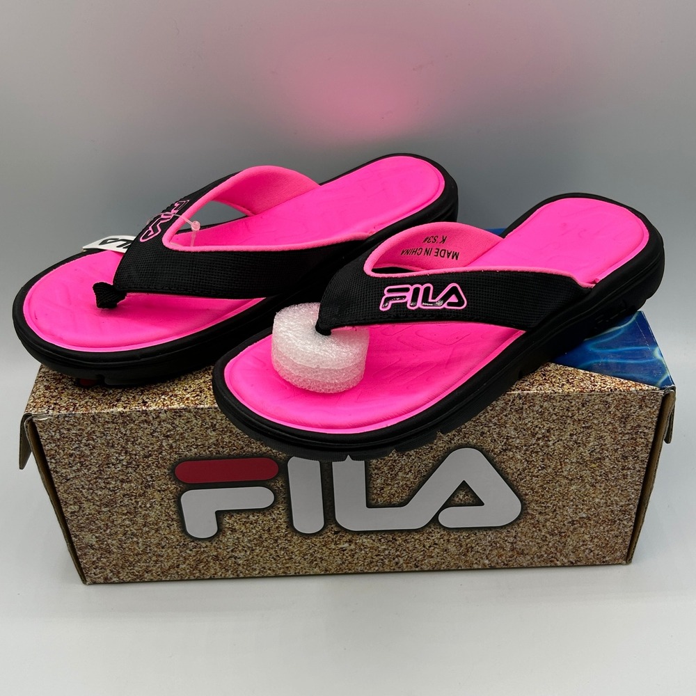 FILA Leana Girls Flip Flop Sandals Black Neon Pink Size 3 Athletic Beach NIB